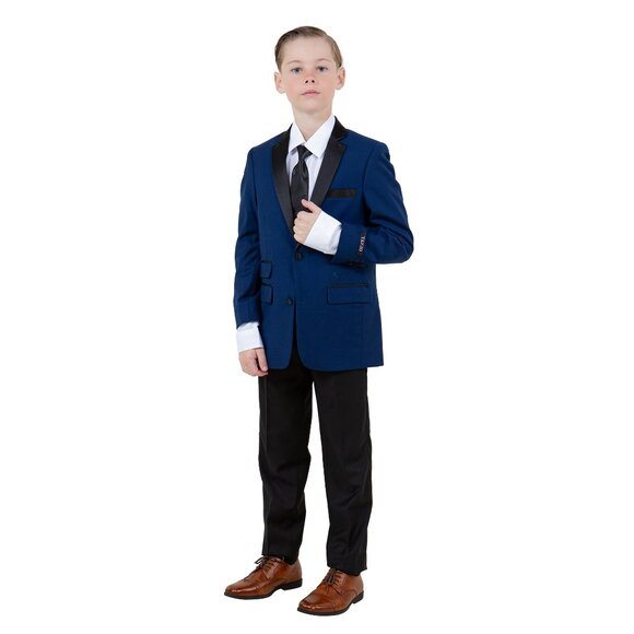 Boys 4pc Blue Suit Set Slim-Fit w/ Tuxedo Look by Tazzio - Picture 4 of 4